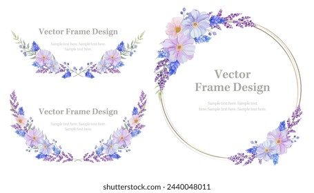 Botanical flowers frame, border and laurel set of spring flower and leaf. Blue, pink and purple wild flowers vector illustration. round and circle