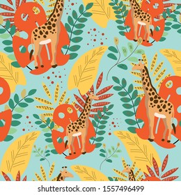 Botanical, flowers , jungle ,giraffe vector seamless pattern on blue background . Concept for print, web design, cards, wallpapers, textile