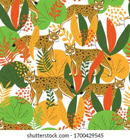 Botanical, flowers , leaves colorful  Lynx ,summer paradise in tropical jungles with wild animals, and fantastic florals. Concept for wallpaper, wrapping paper, cards 