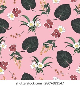Botanical flowers and leaves on a pink background. Beautiful seamless floral pattern. Jungle flowers and foliage in spring colors. Flowers, leaves, and foliage.