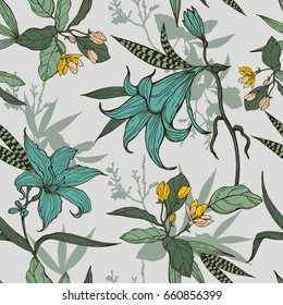 Botanical flowers with leaves pattern on a gray background.