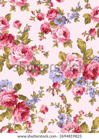 Botanical flowers pattern. Summer garden floral print with leaves and flowers. Spring tulips, hydrangea, ranunculus, hyacinth, daffodil and plants.  Seamless vector colorful pattern.