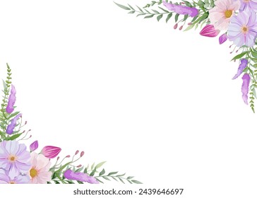 Botanische Blumen Rechteckrahmen und Rand von Frühlingsblume und Blatt. Rosa und violette Wildblumen Vektor-Illustration.