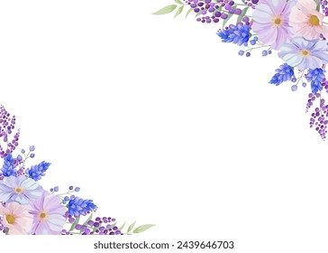 Marco rectangular de flores botánicas y borde de flor y hoja de primavera. Ilustración vectorial de flores silvestres azules y púrpuras.