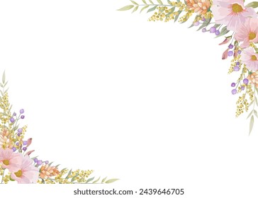 Botanical flowers rectangle frame and border of spring flower and leaf. Yellow and  pink  wildflowers vector illustration.