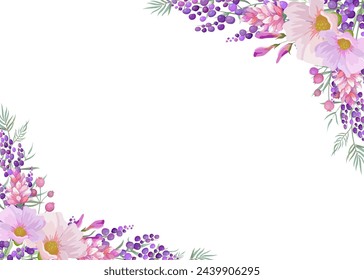 Botanical flowers rectangle frame and border of spring flower and leaf. Pink and  purple  wildflowers vector illustration.