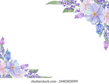 Marco rectangular de flores botánicas y borde de flor y hoja de primavera. Ilustración vectorial de flores silvestres azules y púrpuras.