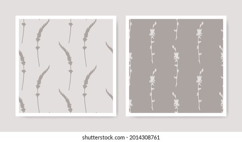 Botanical flowers seamless patterns. Floral silhouette wallpaper texture. Collection of nature leaves wrapping backgrounds in beige and brown colors.
