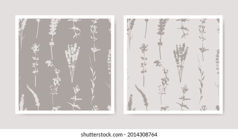 Flores botánicas sin costura. Textura de papel pintado de silueta floral. Colección de hojas de la naturaleza envolviendo fondos en colores beige y marrón.
