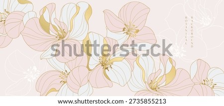 Botanical flowers vector background with pastel blooms with gold outlines on soft pink background in pink and cream and gold. Fresh design for wallpaper, card, branding, packaging.