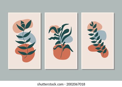 Conjunto de vectores de arte de pared foliar, botánico, follaje. Dibujo de una línea de follaje con forma abstracta. Resumen Diseño de arte vegetal para impresión, cubierta, papel pintado, fondo, póster mínimo y fondo de pantalla natural. 