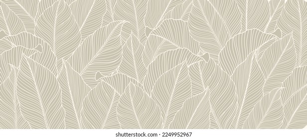 Botanical foliage line art background vector illustration. Tropical palm leaves white drawing contour pattern background. Design for wallpaper, home decor, packaging, print, poster, cover, banner.