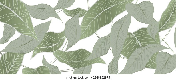 Botanical foliage line art background vector illustration. Tropical palm leaves drawing contour style pattern background. Design for wallpaper, home decor, packaging, print, poster, cover, banner.