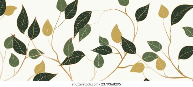 Botanical foliage vector background. Luxury wallpaper design with green leaves, yellow, golden branches, leafy garden. Elegant golden leaf illustration suitable for fabric, prints, cover.	