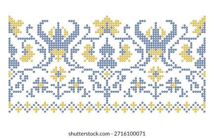 Botanical folk pattern recreated in yellow blue beaded embroidery style with dotted elements, Poltava region Ukrainian ornament design
