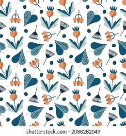 Botanical folk seamless pattern with flowers and leaves wallpaper