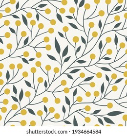 Botanical folksy mimosa seamless vector pattern. Simple minimalistic leafy berry plant folk art ornament. Neutral decorative organic floral surface print design.