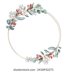 Botanical frame and border of eucalyptus and red berry on white background. Gold line circle with plant wreath. Vector illustration.