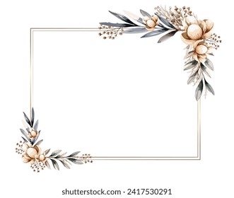 Botanical frame and border. Gold line rectangle with cotton, beige and green leaves wreath. Vector illustration.