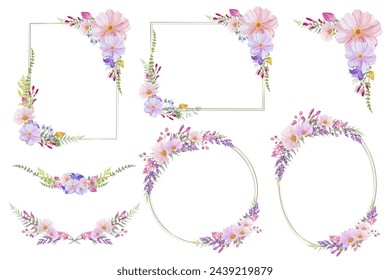 Botanischer Rahmen, Rand und Lorbeer-Set. Rosa und violette Wildblume auf weißem Hintergrund.  Goldlinienkreis, quadratisch, oval und rechteckig mit Pflanzenkranz. Vektorgrafik.