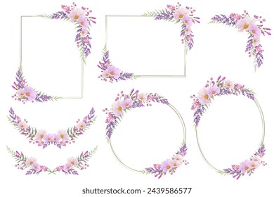 Botanical frame ,border and laurel set. Pink and purple wild flower on white background.  Gold line circle, square , oval and rectangle with plant wreath. Vector illustration.