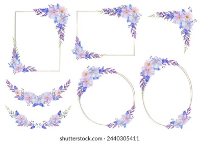 Botanical frame, border and laurel set. Blue, pink and purple wild flower on white background.  Gold line circle, square, oval and rectangle with plant wreath. Vector illustration.