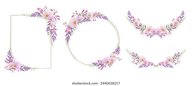 Marco botánico, borde y laurel. Flor silvestre rosa y púrpura sobre fondo blanco.  Círculo de línea dorada y rectángulo con corona de plantas. Ilustración vectorial.