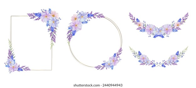 Botanical frame, border and laurel set. Blue, pink and purple wild flower on white background.  Gold line circle, square , oval and rectangle with plant wreath. Vector illustration.