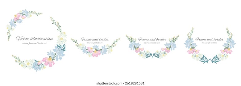 Botanical frame and  border, laurel set of spring flower and leaf. Pink and purple wild flowers vector illustration. round and circle