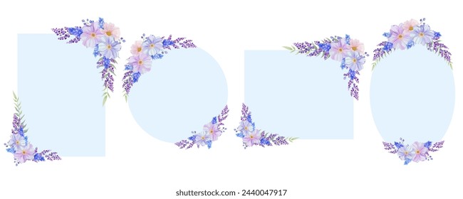 Marco botánico. y borde y conjunto. Flor silvestre azul, rosa y púrpura sobre fondo blanco. Círculo, óvalo y rectángulo con corona vegetal. Ilustración vectorial.