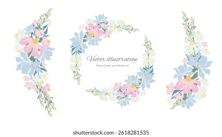 Botanical frame and  border set of spring flower and leaf. Pink and purple wild flowers vector illustration. round and circle