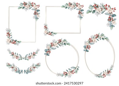 Botanical frame and border set. Watercolor of eucalyptus and red berry on white background.  Gold line circle and square with plant wreath. Vector illustration.