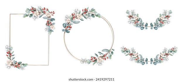 Botanical frame and border set. Watercolor of eucalyptus and red berry on white background. Gold line circle and square with plant wreath. Vector illustration.