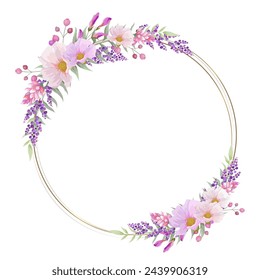Botanical frame and border of spring flower and leaf. Pink and purple wild flowers vector illustration. round and circle