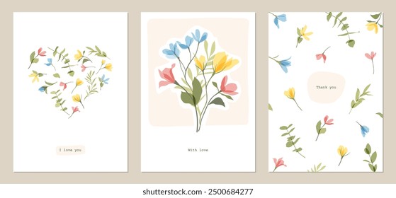 Botanical frame, border of vector cute transparent flowers. Bouquet and heart of colorful wildflowers. Floral templates for invitation, birthday, Mother's Day, Valentine's Day, social media post, card