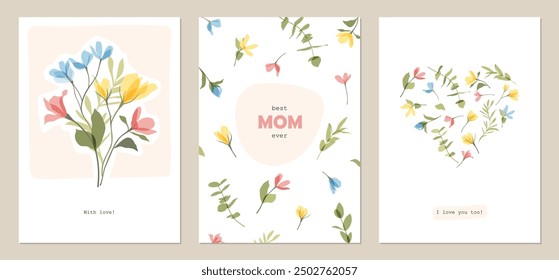 Botanical frame, border of vector cute transparent flowers. Bouquet and heart of colorful wildflowers. Floral templates for invitation, birthday, Mother's Day, Valentine's Day, social media post, card