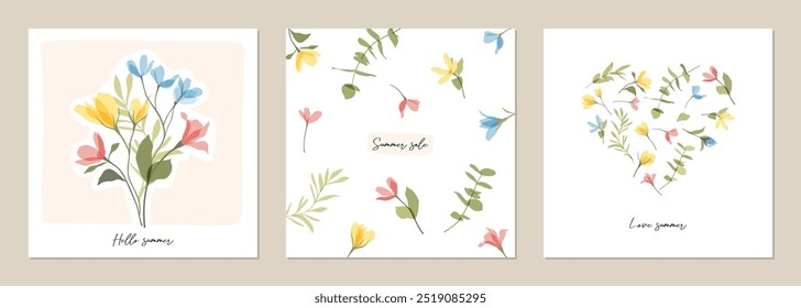 Botanical frame, border of vector cute transparent flowers. Bouquet and heart of colorful wildflowers. Floral templates for invitation, birthday, Mother's Day, Valentine's Day, social media post, card