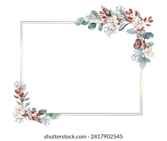 Botanical frame and border. Watercolor of eucalyptus and red berry on white background.  Gold line square with plant wreath. Vector illustration.