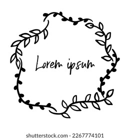 Botanical frame, circular border, hand drawn branches, ink art, isolated on white background, banner template