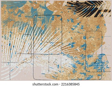 Botanical frame creative print pattern watercolor collage media mix textured. Artistic Abstract painting on canvas. Contemporary modern artwork. Brushstrokes brochure design wall framed home design 