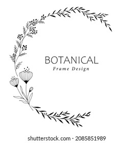 Botanical frame design with flowers, leaves, and berry branches. Hand drawn line art, vector illustration.