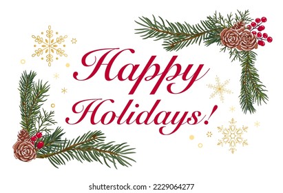 Botanical frame elements for a New Year's composition or Christmas decor. Branches, red berries and cones vector illustration. Golden snowflakes shapes