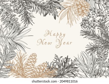 Botanical frame with fir and pine branches, cones, fern and leaves. Vector Christmas card. Botanical illustration. Engraving style. Black and White and golden background. 
