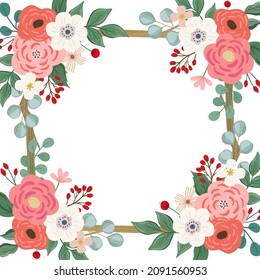 Marco botánico de la ilustración vectorial del ramo de flores. marco floral para la boda, San Valentín, Día de la Madre, invitación y afiches.