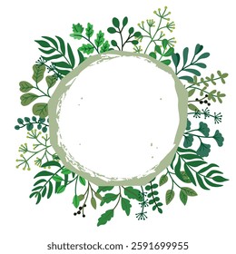 Botanical frame of green branches. Floral composition of round shape.Twigs with leaves of various types. Spring summer vector design for use in card, banner template, invitation, poster. Flat color.