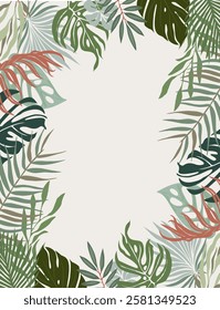 Botanical frame with green and brown tropical leafy plant on a white background. Flat vector illustration