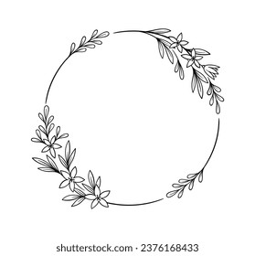 Botanical frame line concept. Empty space for text. Natural wreath from branches. Blossom and bloom plants. Minimalist creativity and art. Linear flat vector illustration isolated on white background