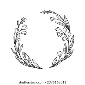 Botanical frame line concept. Empty space for text. Summer and spring botanical wreath and leaves. Template and layout. Linear flat vector illustration isolated on white background