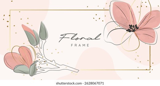 Botanical frame with orange flowers. Luxury background for card, poster, banner, text, website and packaging. Minimalistic style with golden lines of sakura flowers and leaves. Watercolor vector image