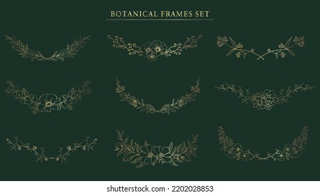 Botanical Frame set . Gold line hand drawn floral borders and divider with branch vector illustration. Elegant line wedding herb, elegant leaves for invitation save the date card.